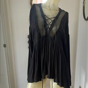 Free People Black Lace-Up Boho Blouse